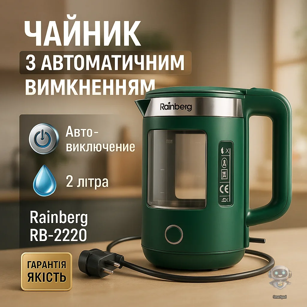 Електричний чайник Rainberg RB-2220 скляний із LED-підсвіткою / Зелений / 2 л