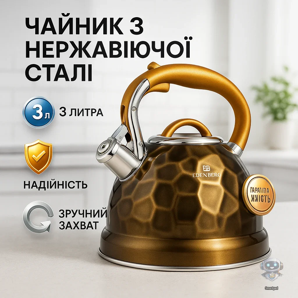 Настільний чайник зі свистком Edenberg EB-1910 з турбо-індукційним дном / Жовтий / 3 л