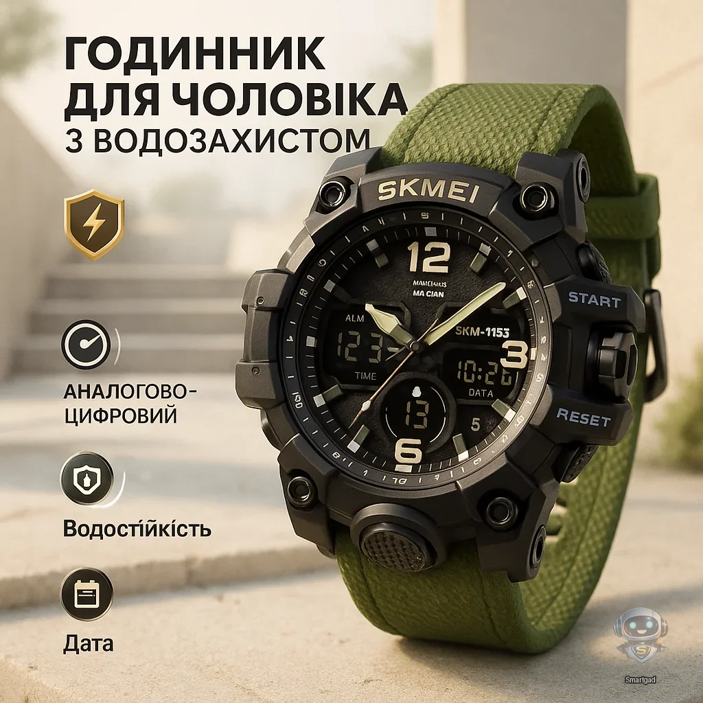 Чоловічий тактичний наручний годинник Skmei 1155BAG Army Green