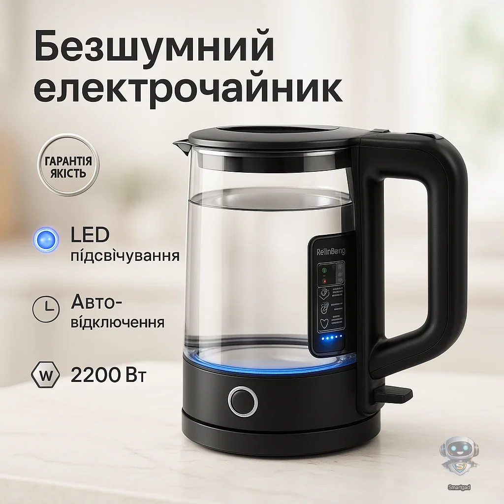 Електричний чайник Rainberg RB-2220 скляний із LED-підсвіткою / Чорний / 2 л