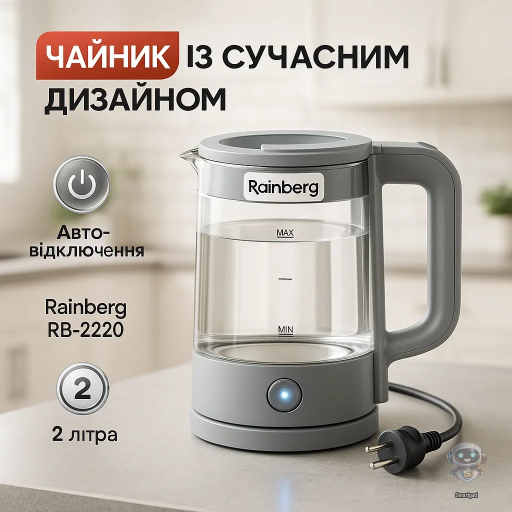 Електричний чайник Rainberg RB-2220 скляний із LED-підсвіткою / Сірий / 2 л